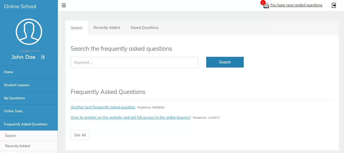 php online school script Checking the frequently asked questions in the user admin panel