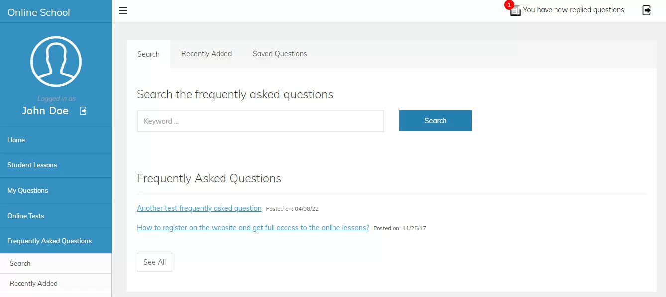 php online school script checking the frequently asked questions in the user admin panel