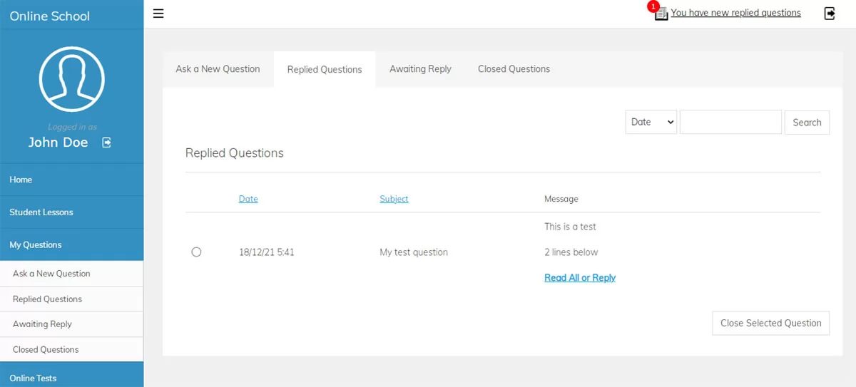 php online school script checking the replied questions in the user admin panel