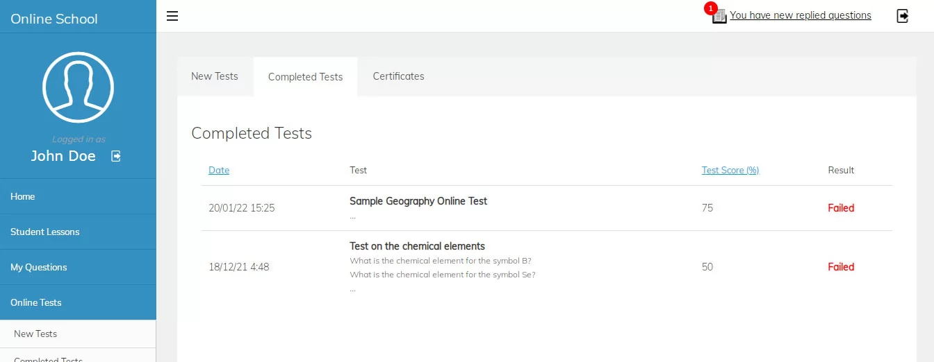 Completed tests page in the user admin panel php online school script