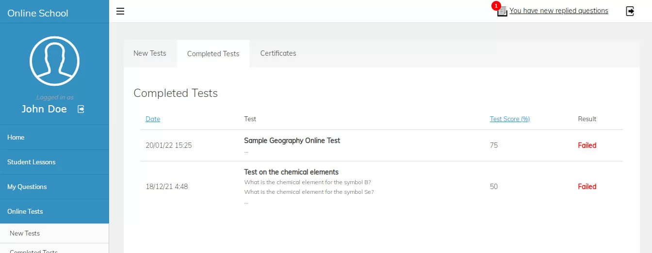 php online school script completed tests page in the user admin panel
