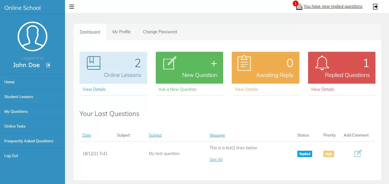 php online school script Dashboard of the user admin panel