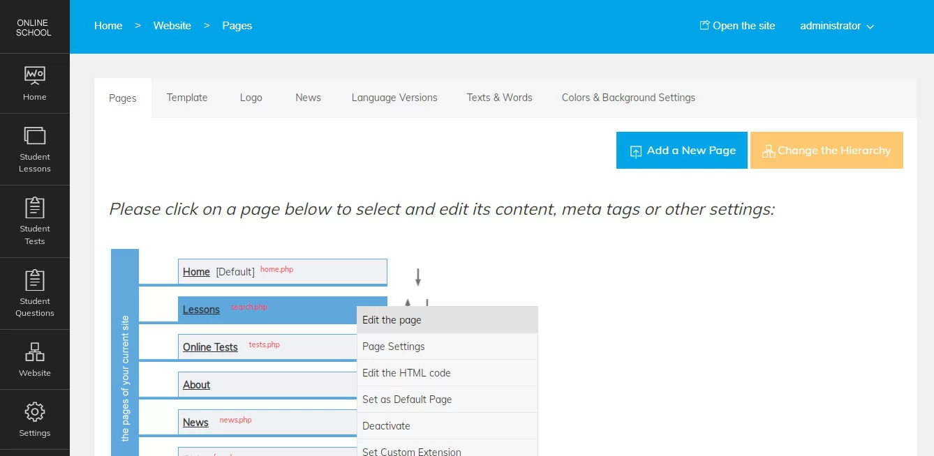 php online school script editing the site pages