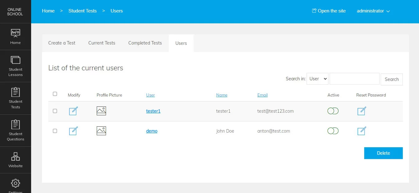 php online school script list of the registered users