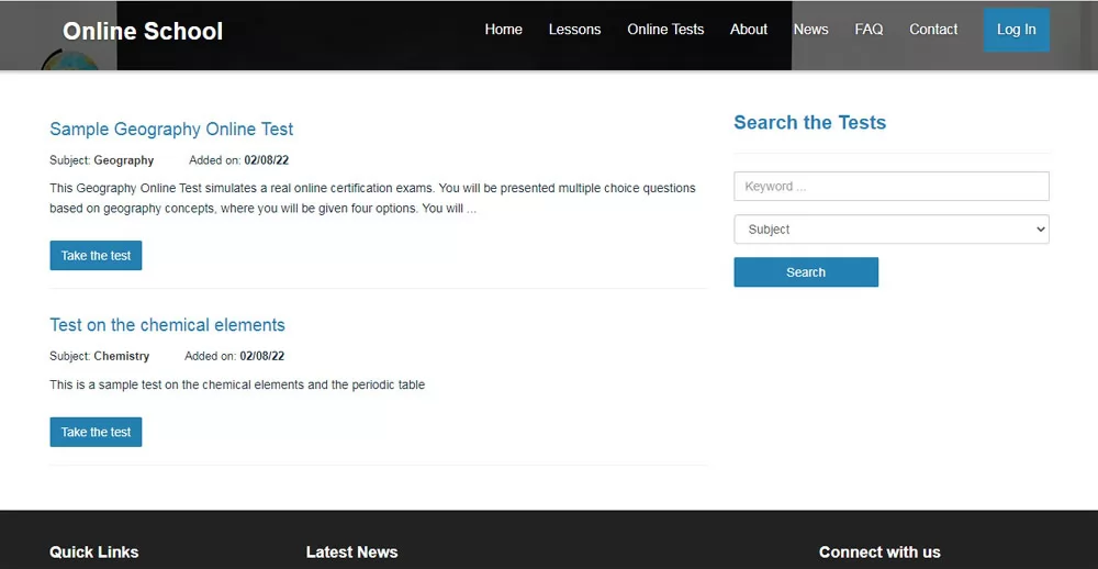 php online school script preview of the current student tests on the front-end