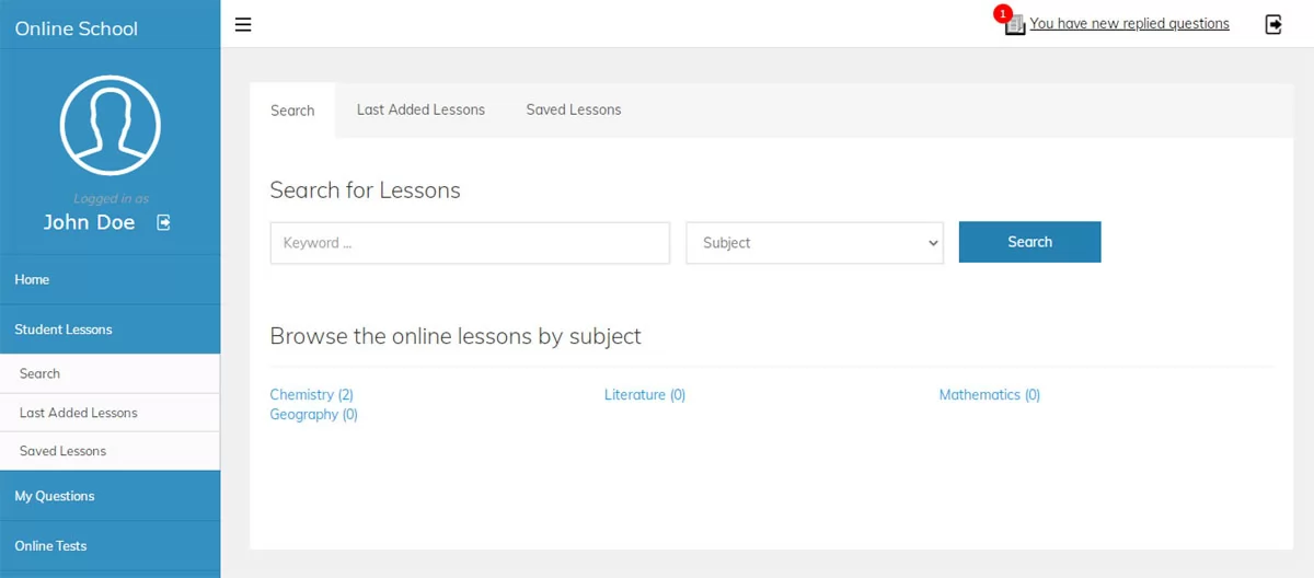 php online school script searching for lessons in the user admin panel