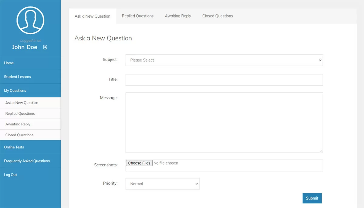 php online school script sending a question to a teacher