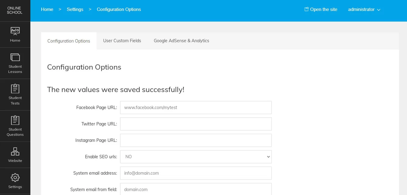 php online school script Configuration settings page