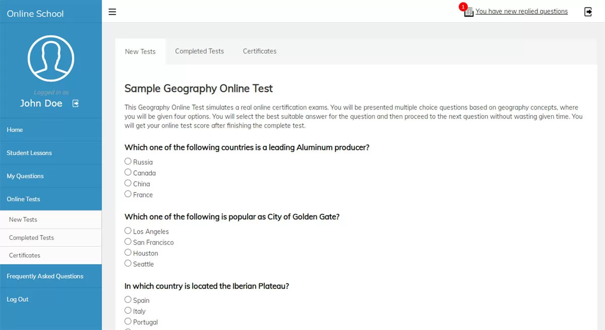 php online school script taking an online test in the user admin