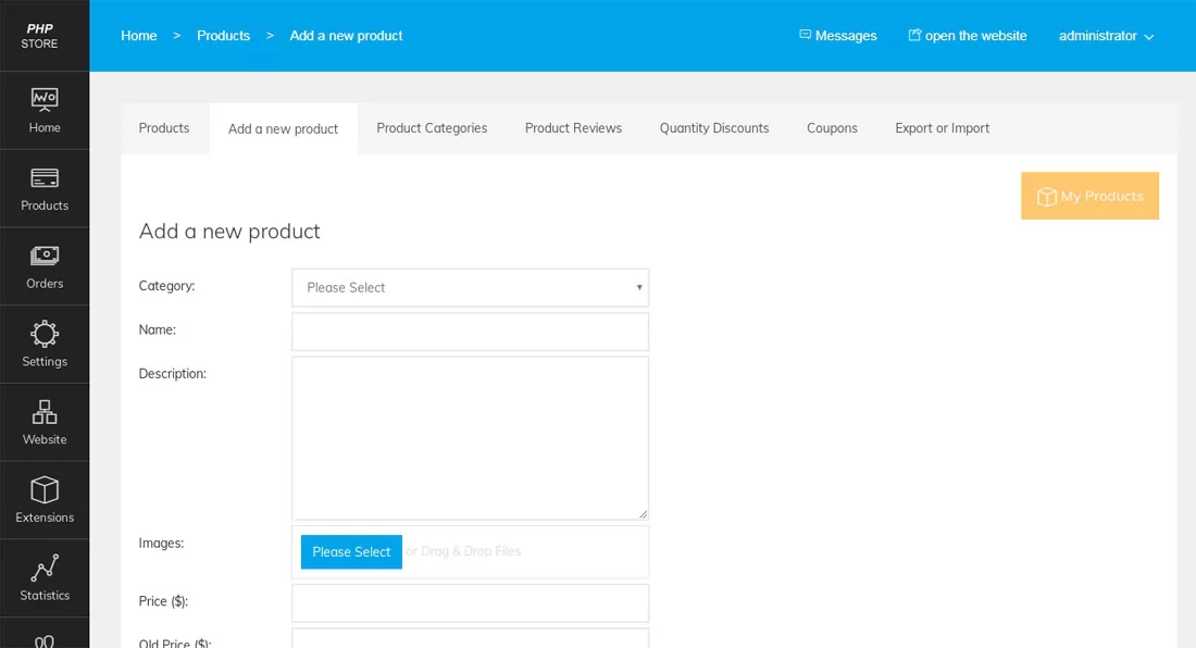 php store script adding a new product in the php store admin panel