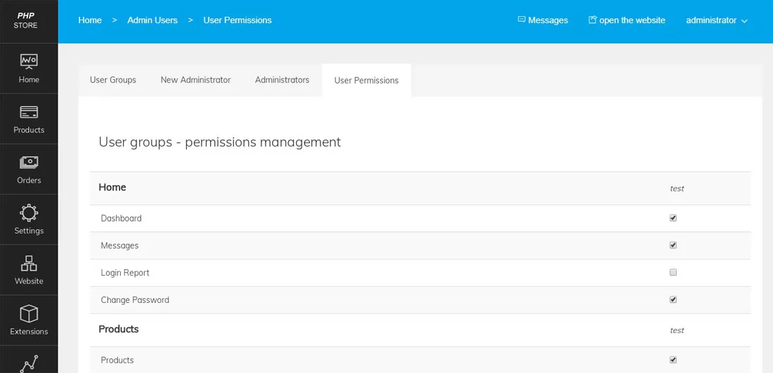 php store script administrator users and permissions