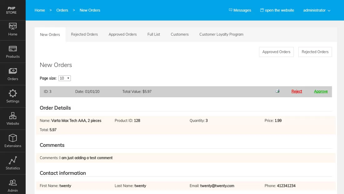 php store script orders management