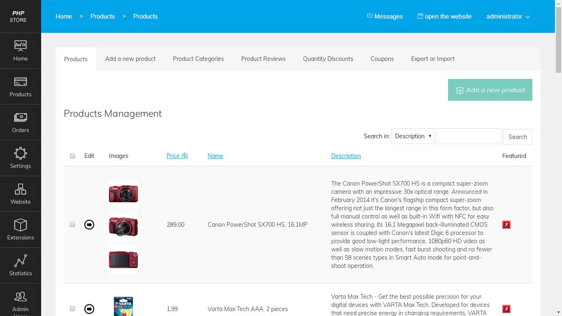 php store script products management in the admin panel