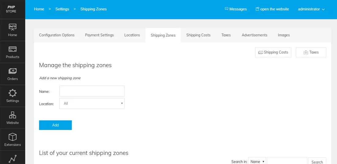 php store script shipping zones and costs