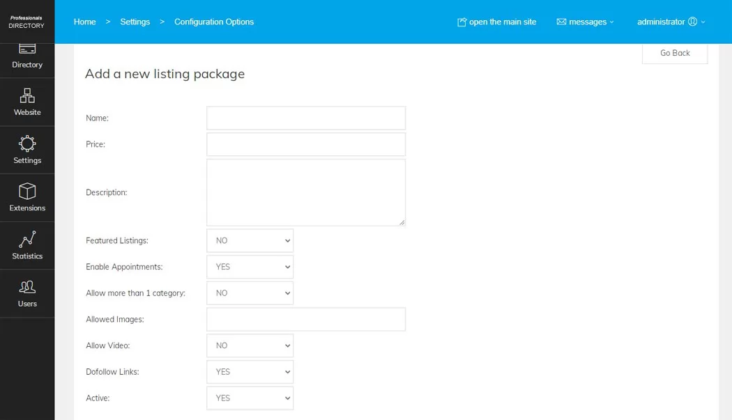 Adding a new listing package professionals directory php script