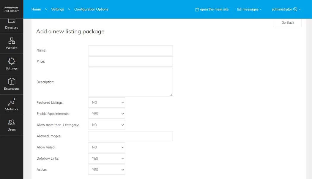 professionals directory php script adding a new listing package