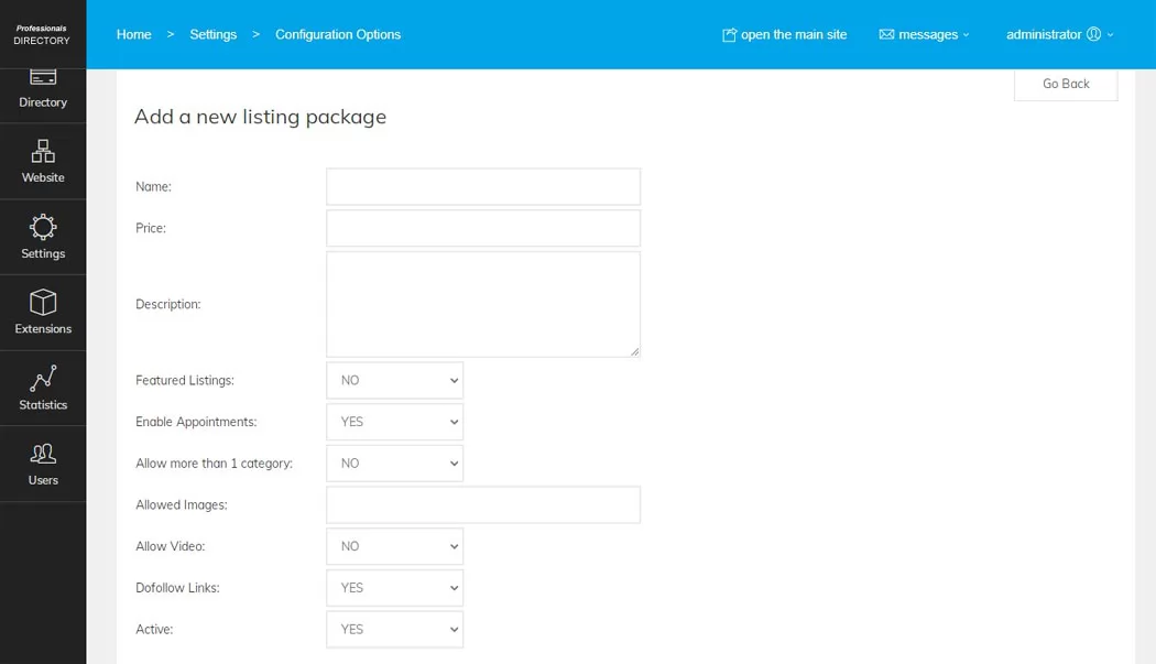 professionals directory php script Adding a new listing package