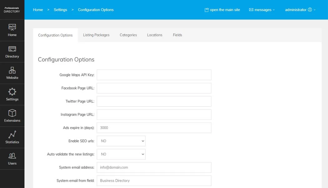 Configuration Options page in the admin panel professionals directory php script