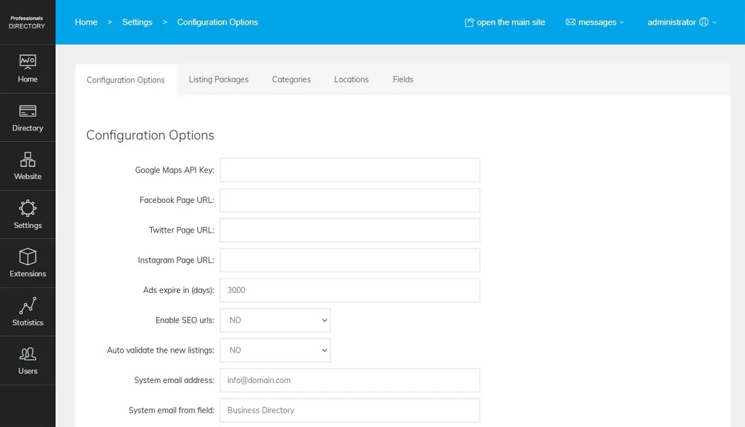 professionals directory php script configuration options page in the admin panel