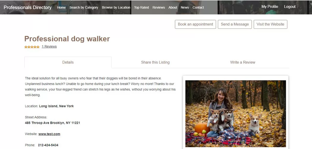 listing details page with a photo gallery, map, location, reviews and others professionals directory php script