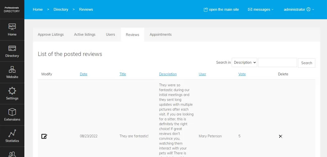 Reviews page in the admin panel professionals directory php script
