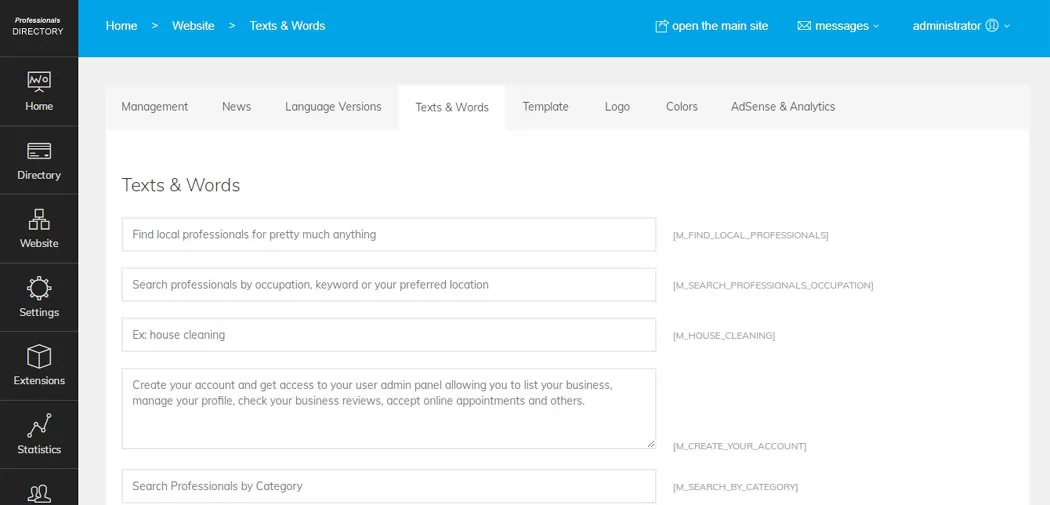 The Texts and Words page in the admin panel professionals directory php script