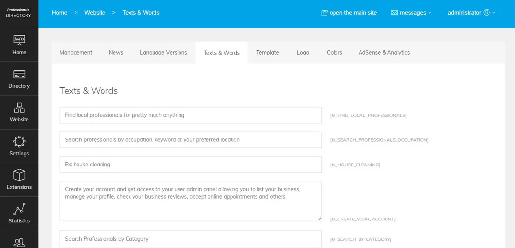 professionals directory php script The Texts and Words page in the admin panel