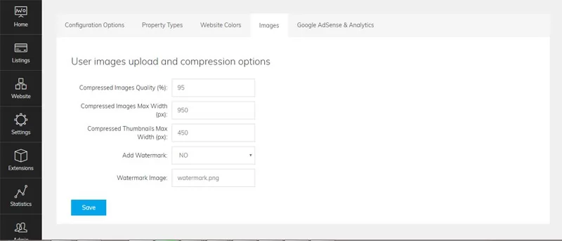 New settings to control the quality of the uploaded images, watermark, size and compression of the thumbnails and others