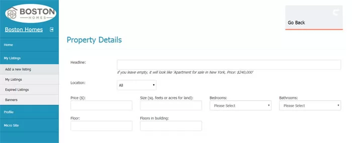 php real estate script adding a new listing in the agent admin panel
