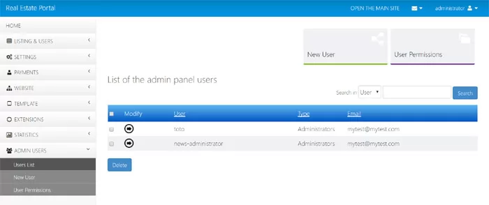 Admin Users section in the administration panel php real estate script