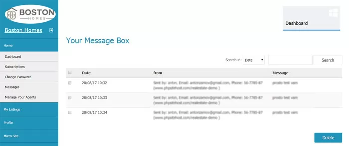 php real estate script message box in the agent admin panel