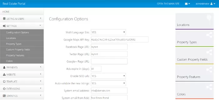 php real estate script Configuration Options in the admin panel