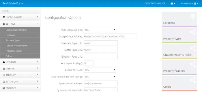 php real estate script configuration options in the admin panel