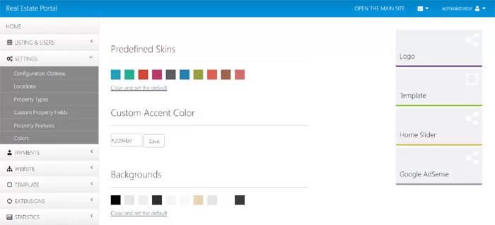 Customizing the website colors from the administration panel php real estate script