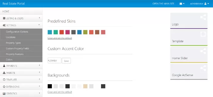 php real estate script customizing the website colors from the administration panel