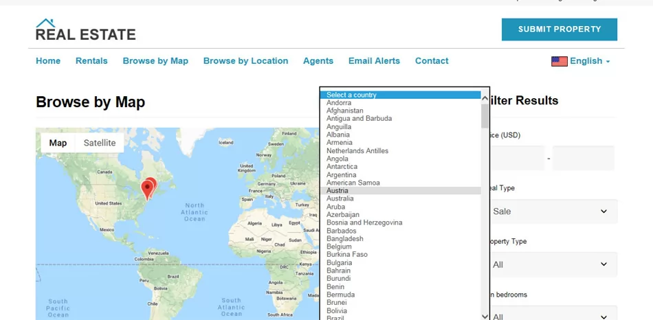 php real estate script Countries filtering on the Browse by Map page