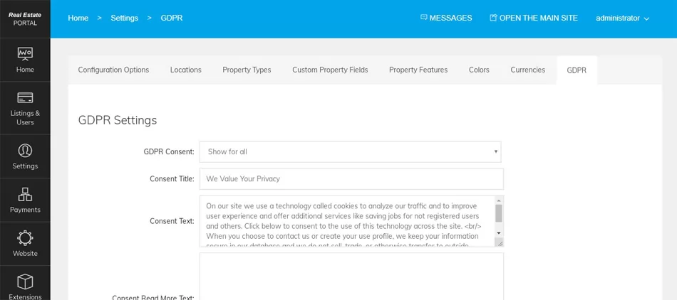 script inmobiliario php Configuración de GDPR para cumplir con las regulaciones de la UE