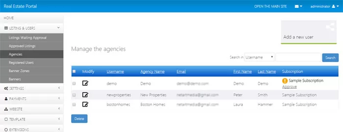 php real estate script managing the registered real estate agents from the admin panel