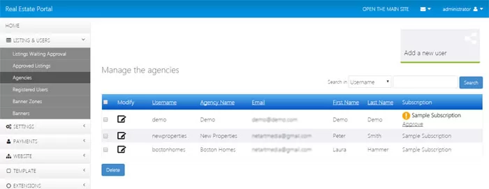 Managing the registered real estate agents from the admin panel php real estate script