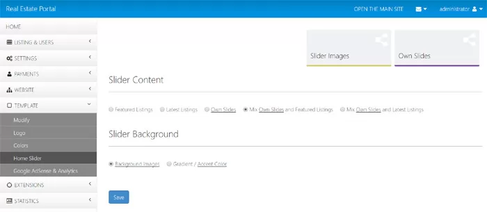 php real estate script editing the settings of the slider on the home page