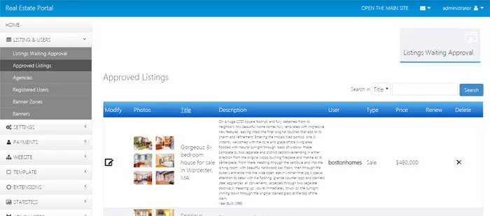 Approving listings in the admin panel or reviewing the approved listings php real estate script