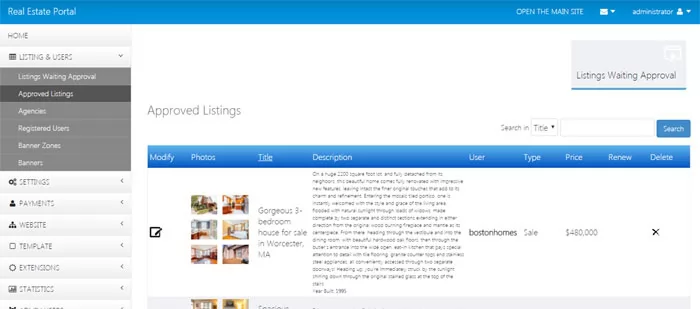 php real estate script Approving listings in the admin panel or reviewing the approved listings