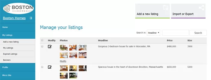 php real estate script my listings page in the agent admin panel