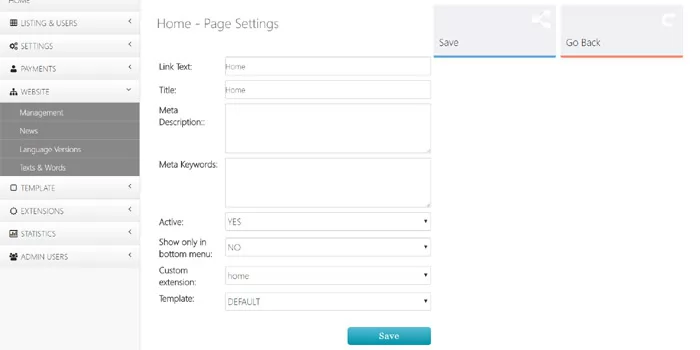 php real estate script editing the settings of a selected front-end page