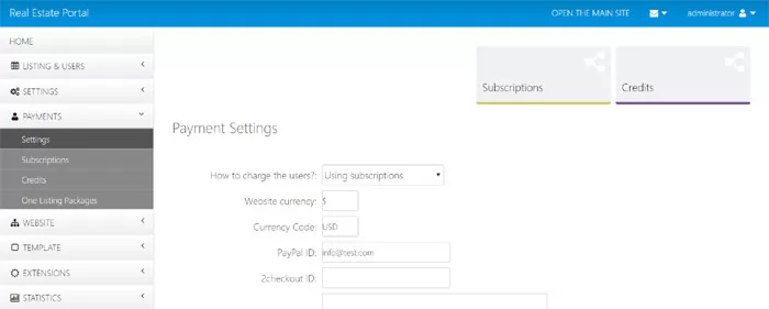 Payment Settings php real estate script