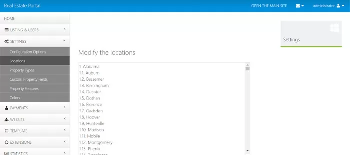 Changing the website locations from the administration panel php real estate script