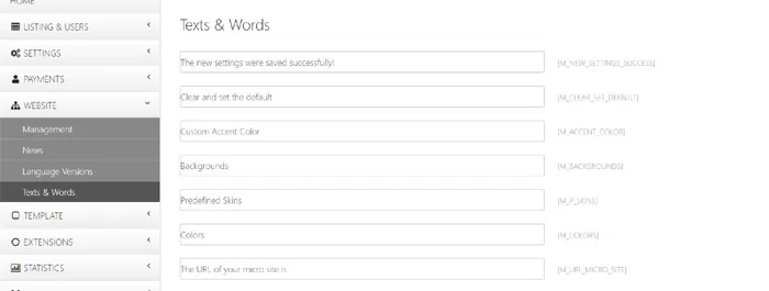 The Texts and Words page in the admin panel php real estate script