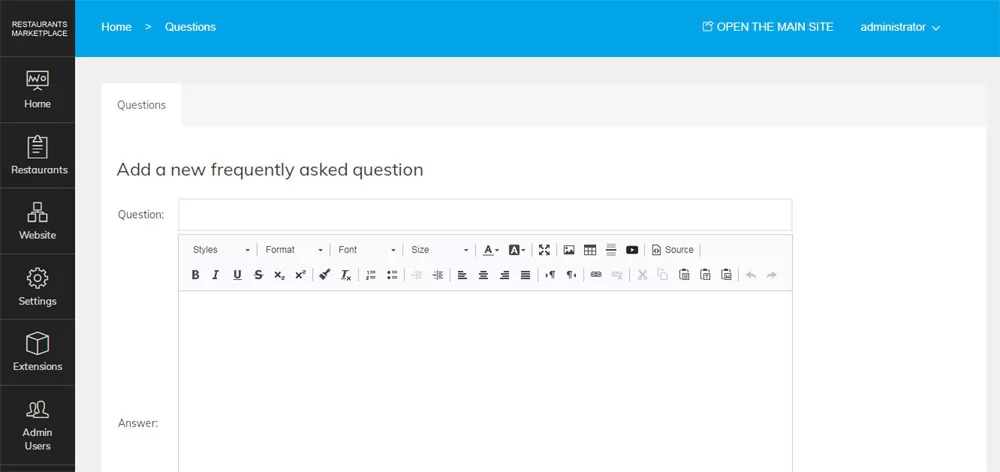 PHP Restaurant Marketplace Script adding frequently asked questions
