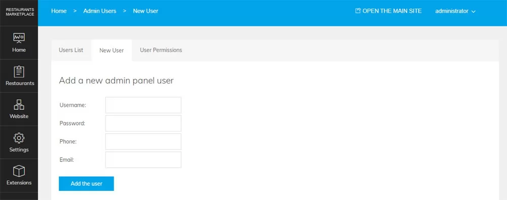 PHP Restaurant Marketplace Script adding new administrators