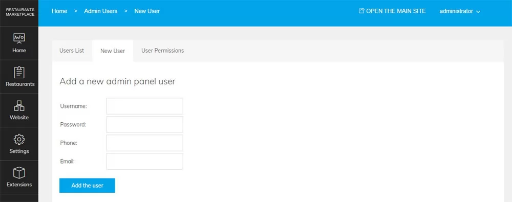 Adding new administrators PHP Restaurant Marketplace Script